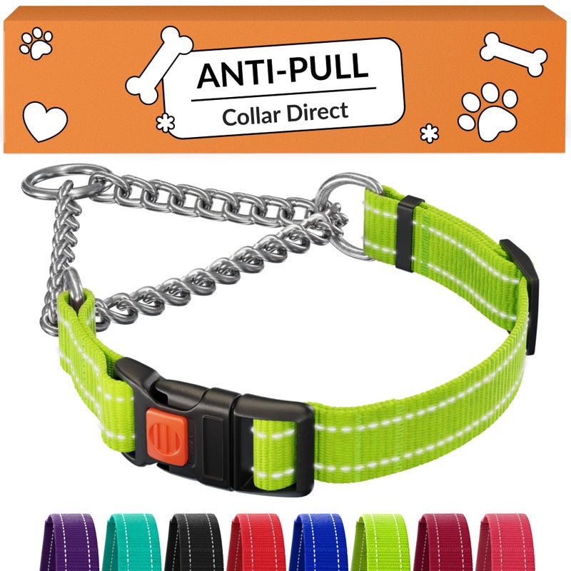 CollarDirect Martingale Dog Collar with Stainless Steel Chain and Quick Release Buckle - Reflective Collar for Large, Medium, Small Dogs - Lime Green, Large (Neck Size 17"-22") - Image 1